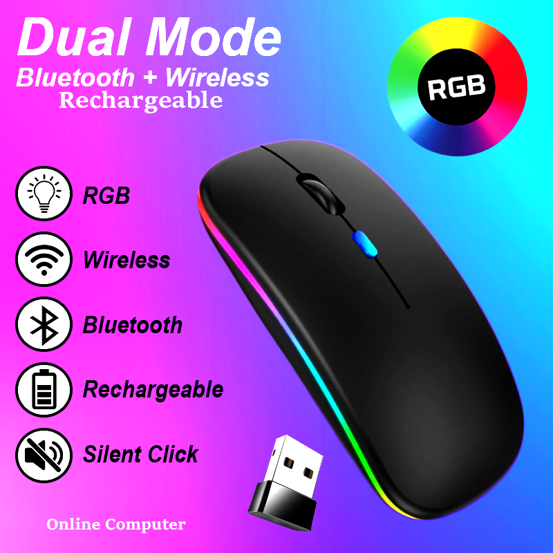 Gaming Mouse Dual Mode BLUETOOTH + WIRELESS + Rechargeable RGB Backlit Lighting Mouse Slim Design